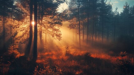 Sunrise through the trees in a misty forest