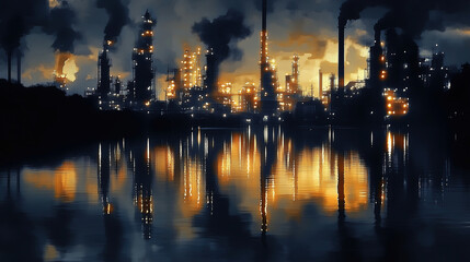 Fototapeta premium Industrial landscape with illuminated structures reflecting in water during twilight hours. Generative AI