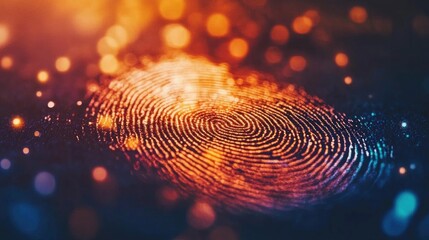 Close-up of a vibrant fingerprint on a textured surface with a blurred, colorful bokeh background creating ample copy space.