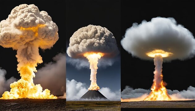 Collection of Realistic Nuclear Explosion and Mushroom Cloud Illustrations Isolated on Transparent Background for Design, Education, and Creative Projects in High-Resolution Format