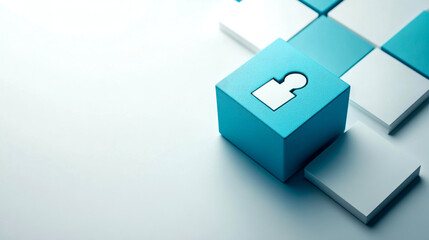 A blue puzzle piece with a keyhole symbol, suggesting concepts of security, unlocking potential, and problem-solving.