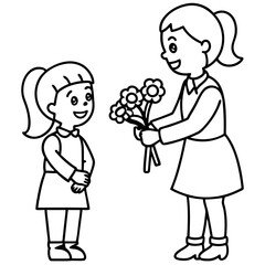  little girl gives a bouquet of flowers to her teache