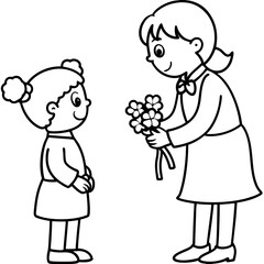  little girl gives a bouquet of flowers to her teache