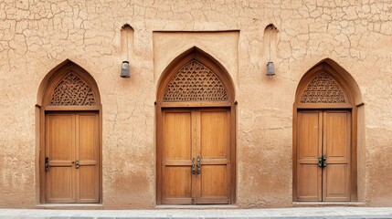 Photo of Diriyah traditional architecture in Riyadh, with mud-brick walls and detailed wooden doors, capturing the unique charm of Saudi Arabia historical design.