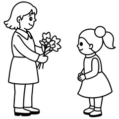  little girl gives a bouquet of flowers to her teache