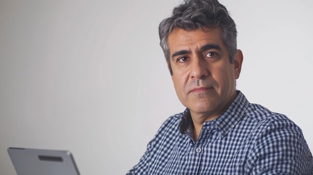 A middle-aged man with grey hair wearing a blue and white checked button-up shirt. sitting in front Of a white tablet with a black camera lens.