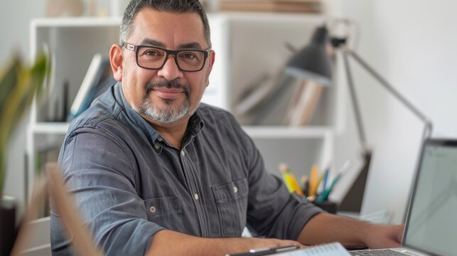 A middle-aged man with salt-and-pepper hair and glasses sits at a desk in a home office surrounded by a laptop, notebook, and lamp. - Powered by Adobe