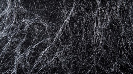 Fototapeta premium Detailed macro close-up of a rough black paper texture, showcasing intricate visible fibers and a strikingly textured surface from an overhead perspective.