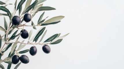 Close-up view of dark olives clustered on a green olive branch with delicate leaves, highlighted against a soft white background.