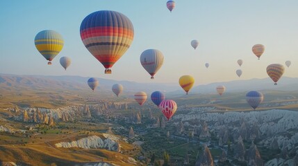 Fototapeta premium Colorful hot air balloons soaring over a picturesque landscape at sunrise.