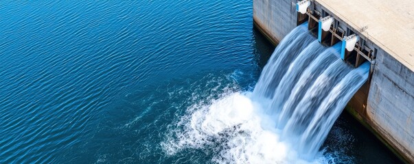 peak energy demand concept. A dam releases water into a tranquil blue reservoir, showcasing a blend of engineering and nature's beauty.