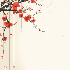 Elegant cherry blossom branch with red flowers and hanging lanterns, creating serene and artistic atmosphere. Perfect for spring themed designs