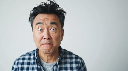 A middle-aged man with a disheveled appearance sporting unkempt hair and a plaid shirt exudes a tired and disinterested expression.