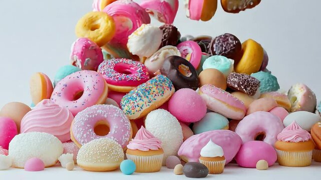 A big stack of various sweets like donuts, cupcakes, and whimsical confections. Sugary food and unhealthy choices concept