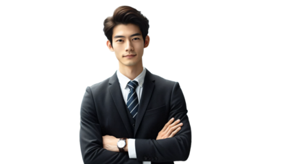 Business man portrait isolated on transparent background, businessman in suit, crossed arms