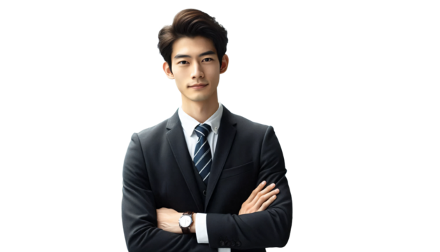 Business man portrait isolated on transparent background, businessman in suit, crossed arms