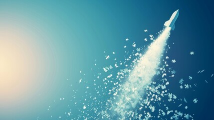 Fototapeta premium A minimalistic yet captivating image of a rocket soaring into space, leaving a trail of scattered puzzle pieces. The concept conveys creativity, innovation, and the process of solving complex