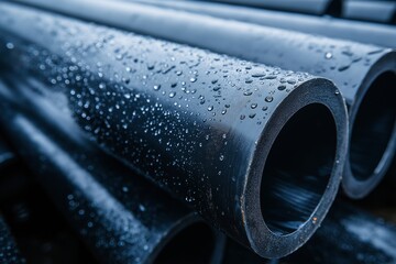 Close-up view of wet black pipes stacked in a construction area