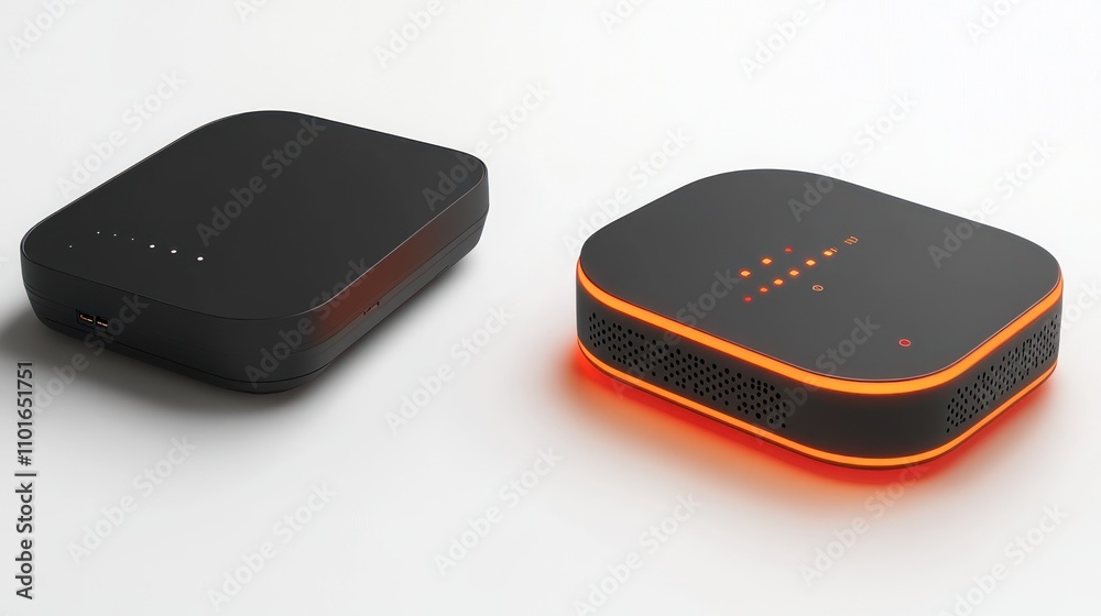 Poster two modern black devices with illuminated features