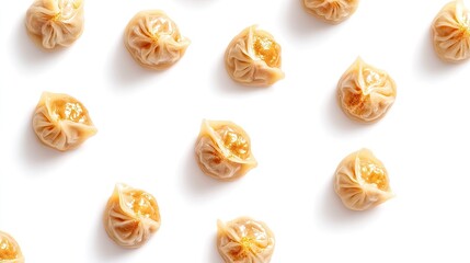 Bite-sized Asian dumplings with edible gold, stark white background 