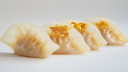 Bite-sized Asian dumplings with edible gold, stark white background 