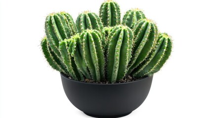 Vibrant front view of a clustered cactus plant with tall, ribbed green stems in a sleek black pot against a clean white background.