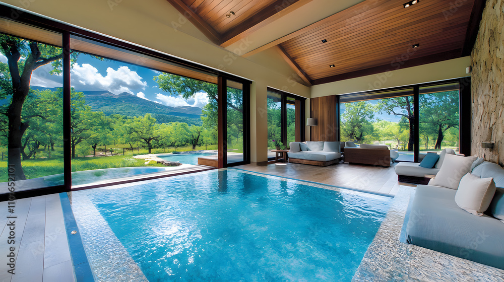 Poster a luxurious indoor pool area with large windows showcasing a scenic outdoor view, surrounded by natu