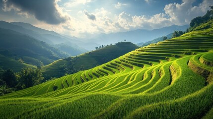 Rows of lush green rice plants stretch neatly across a vast field under a bright, sunny sky. The organized landscape extends to the horizon, reflecting the beauty and order of the agricultural field.