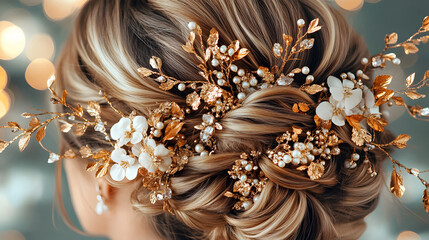 Elegant hairstyle adorned with golden floral accessories, showcasing a sophisticated updo against a softly lit background