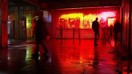 A dimly lit urban space with colorful graffiti and blurred figures creating a mysterious atmosphere.