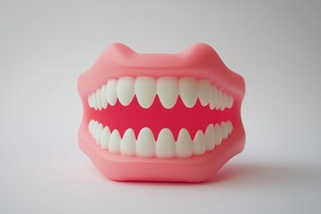 Fototapeta premium Toy dentures with pink gums and white teeth on plain background