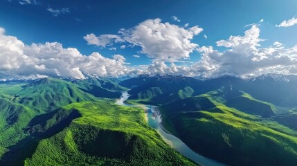 Seamless aerial 360-degree panorama above the Katun River in Altai, capturing green forests, blue skies, and clouds in a full VR view of Earth untouched natural beauty.