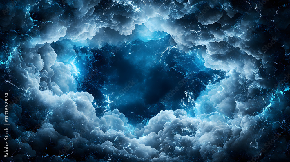 Poster A mystical, dark cloud formation illuminated by blue light, creating an otherworldly atmosphere with hints of energy and depth