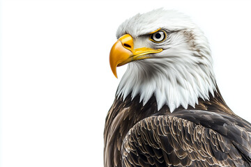 Obraz premium Portrait american bald eagle isolated on white background, Elegant posture eagle flying in the sky on white, Close up shot eagle eye.