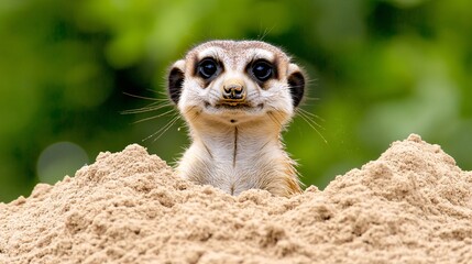 2409_054. A curious meerkat surrounded by  sandy mound, showcasing a  alert posture in a vibrant outdoor setting. This image captures the essence of adventure and happiness in nature