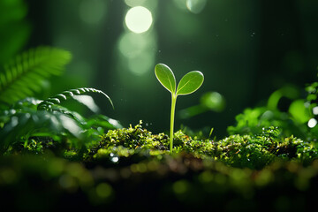 sprout emerges from lush, vibrant forest floor, symbolizing new life