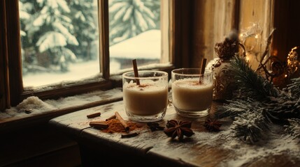 Cozy Winter Scene with Creamy Beverages and Cinnamon Sticks on Festive Table Surrounded by Snowy Forest and Holiday Decorations