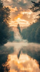 Obraz premium A serene river landscape at sunset, reflecting trees and mist, evoking tranquility and nature's beauty.