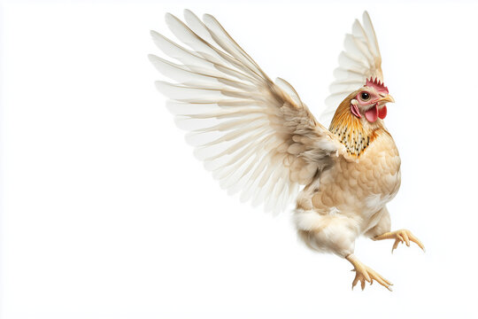 Selective focus flying chicken isolated on white background, Portrait of frightened flying chicken on white.