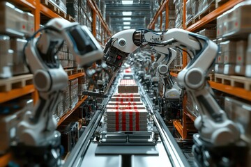 Fototapeta premium Fully automated warehouse with products moving through robotic arms, precise alignment, photo-realistic, next-gen inventory handling