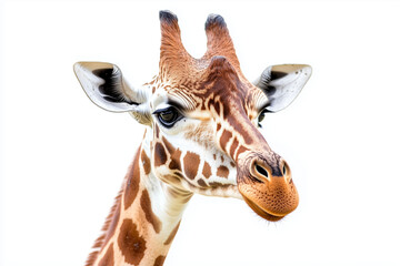Fototapeta premium Portrait of giraffe isolated on white background, Whole body giraffe with long neck on white, Selective focus giraffe face.