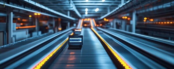 Product labels being read by laser scanners, moving conveyor belts below, photo-realistic, high-speed inventory tracking
