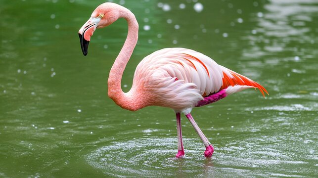 2409_030. A elegant flamingo surrounded by  shallow lagoon, showcasing a  graceful wading in a vibrant outdoor setting. This image captures the essence of adventure and happiness in nature