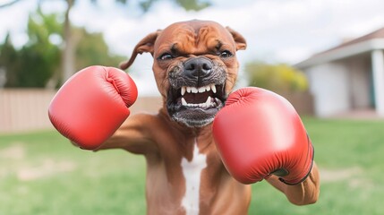 2409_059. A energetic boxer surrounded by  suburban yard, showcasing a  playful boxing in a vibrant outdoor setting. This image captures the essence of adventure and happiness in nature