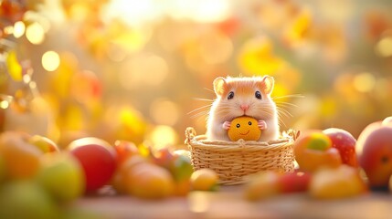 2409_009. A energetic hamster surrounded by  spinning wheel, showcasing a  cheek stuffing in a vibrant outdoor setting. This image captures the essence of adventure and happiness in nature