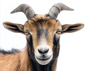 Fototapeta premium Portrait of mountain goat isolated on white background, Selective focus goat face on white, Mountain goat with sit posture.