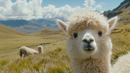 Obraz premium 2409_014. A fluffy alpaca surrounded by andean highlands, showcasing a wooly charm in a vibrant outdoor setting. This image captures the essence of adventure and happiness in nature