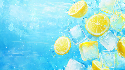 Fresh lemon slices and ice cubes float in refreshing blue background, creating vibrant and cool atmosphere perfect for summer drinks