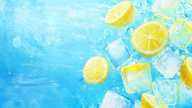 Fresh lemon slices and ice cubes float in refreshing blue background, creating vibrant and cool atmosphere perfect for summer drinks
