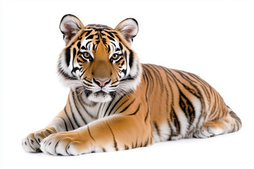 Fototapeta premium Portrait of aggressive tiger isolated on white background, Safari hunter with stripe on the body, Selective focus sit posture tiger on white.